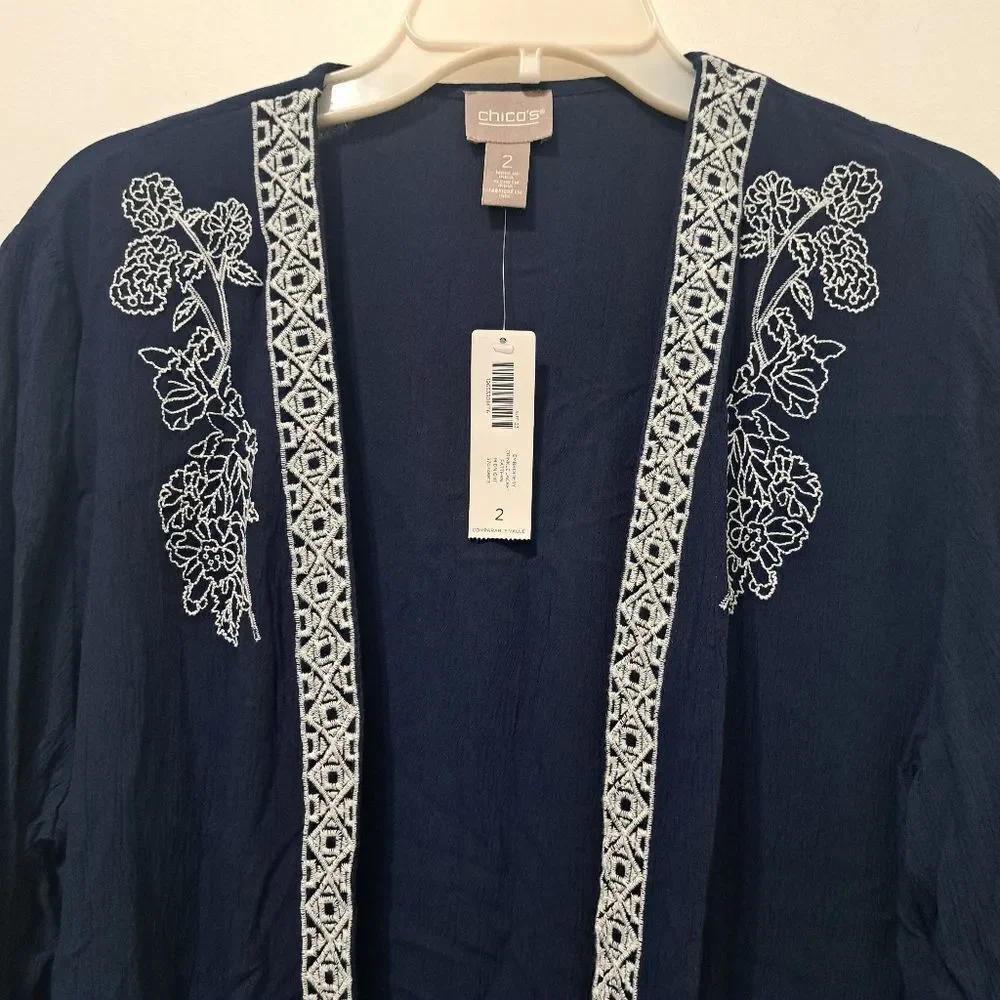 Chico's Floral Embroidery Pattern Crinkle Open Front Cardi Jacket Midnight Sz 2